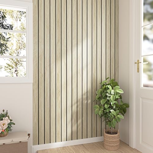 Wallderful Light Oak Wood Slat Wall Panel Peel and Stick 3D Foam Wood Slat Wallpaper Removable Self Adhesive Wooden Contact Paper for Cabinets Bedroom Accent Wall Living Room Interior Decor 16.8"x118" - Image 3