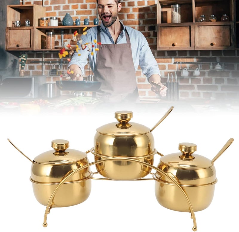 3Pcs Seasoning Jar Set with Lid and Spoon, Stainless Steel Seasoning Storage Container Spice Rack Organizer Condiment Holder for Salt Sugar Spice Pepper(Gold) - Image 2