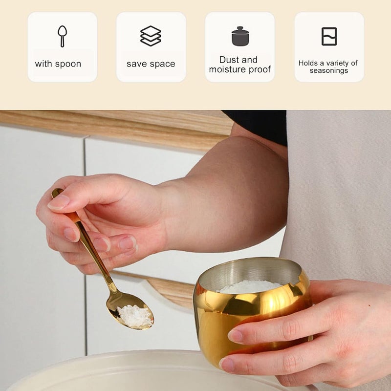 3Pcs Seasoning Jar Set with Lid and Spoon, Stainless Steel Seasoning Storage Container Spice Rack Organizer Condiment Holder for Salt Sugar Spice Pepper(Gold) - Image 4