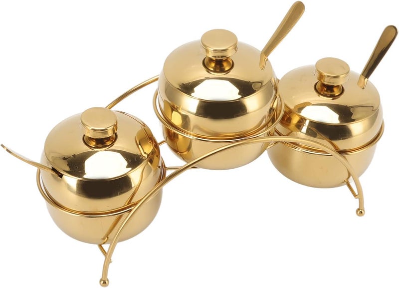 3Pcs Seasoning Jar Set with Lid and Spoon, Stainless Steel Seasoning Storage Container Spice Rack Organizer Condiment Holder for Salt Sugar Spice Pepper(Gold) - Image 1