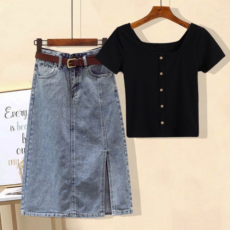 Womens Dress Chubby Girl Summer New Arrival suit Womens Short-Sleeved Top Belly-Covering Slimming Denim dress Two-Piece Set Black top + denim skirt