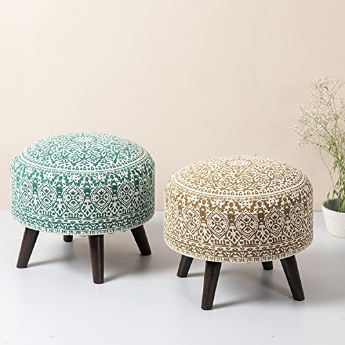 nestroots Set of 2 Wooden Ottoman Stools for Living Room | Printed Pouffes for Sitting, Footrest with 4 Wooden Legs | 14 Inch Height, Green and Yellow | Stylish & Comfortable Furniture for Home Dcor - Image 1