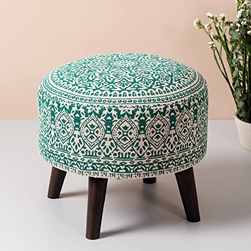nestroots Set of 2 Wooden Ottoman Stools for Living Room | Printed Pouffes for Sitting, Footrest with 4 Wooden Legs | 14 Inch Height, Green and Yellow | Stylish & Comfortable Furniture for Home Dcor - Image 2