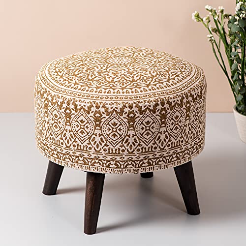 nestroots Set of 2 Wooden Ottoman Stools for Living Room | Printed Pouffes for Sitting, Footrest with 4 Wooden Legs | 14 Inch Height, Green and Yellow | Stylish & Comfortable Furniture for Home Dcor - Image 3