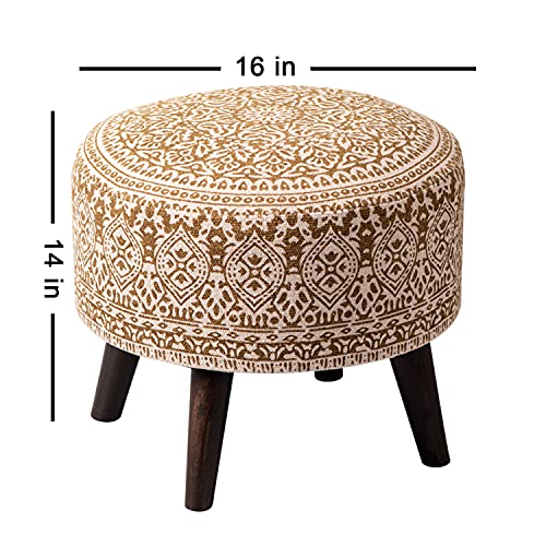 nestroots Set of 2 Wooden Ottoman Stools for Living Room | Printed Pouffes for Sitting, Footrest with 4 Wooden Legs | 14 Inch Height, Green and Yellow | Stylish & Comfortable Furniture for Home Dcor - Image 4
