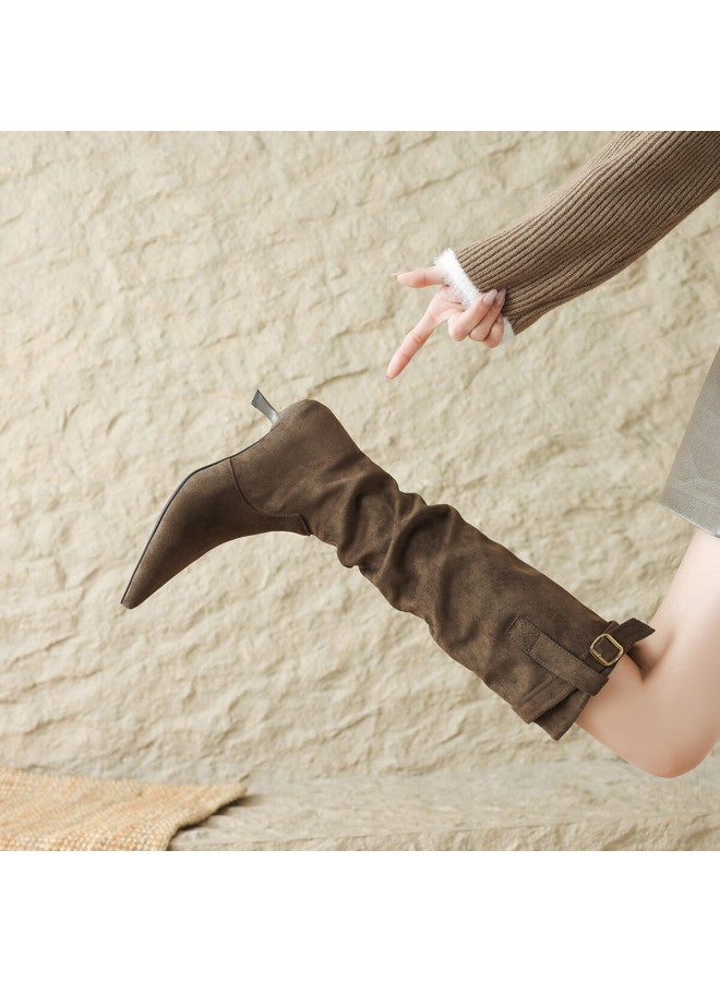 dme Demana Commuter Versatile Combat Boots 25th Anniversary Winter Slim Heel Suede Knee-high Boots Elastic Shaft Fits Various Leg Types - Image 3