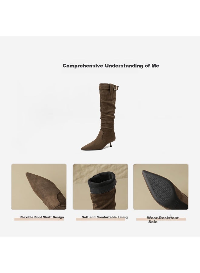dme Demana Commuter Versatile Combat Boots 25th Anniversary Winter Slim Heel Suede Knee-high Boots Elastic Shaft Fits Various Leg Types - Image 5