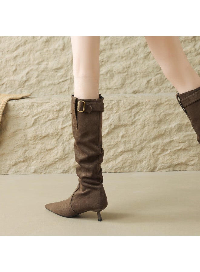 dme Demana Commuter Versatile Combat Boots 25th Anniversary Winter Slim Heel Suede Knee-high Boots Elastic Shaft Fits Various Leg Types - Image 2