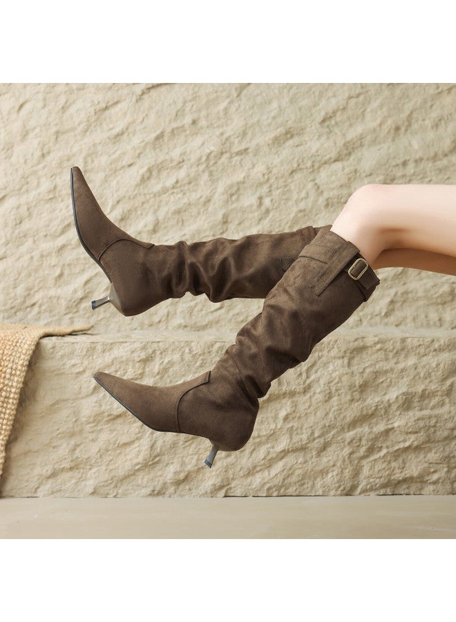 dme Demana Commuter Versatile Combat Boots 25th Anniversary Winter Slim Heel Suede Knee-high Boots Elastic Shaft Fits Various Leg Types - Image 1