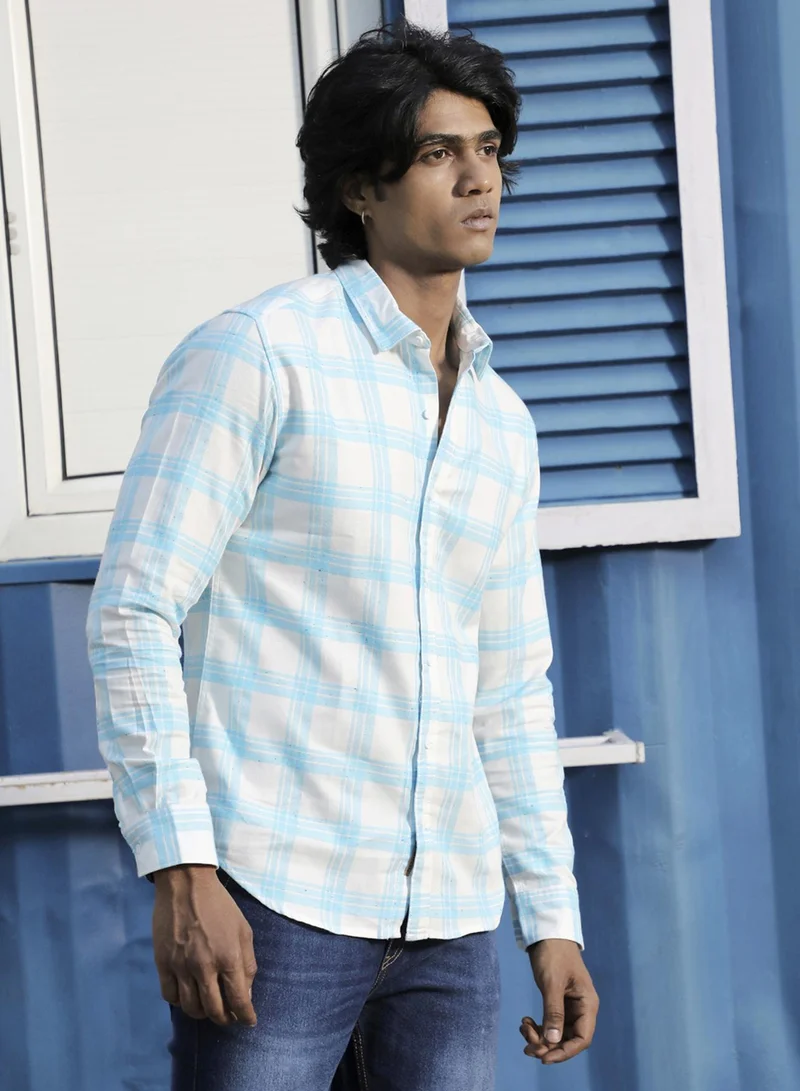 Campus Sutra Men's White & Light Blue Tartan Plaid Shirt