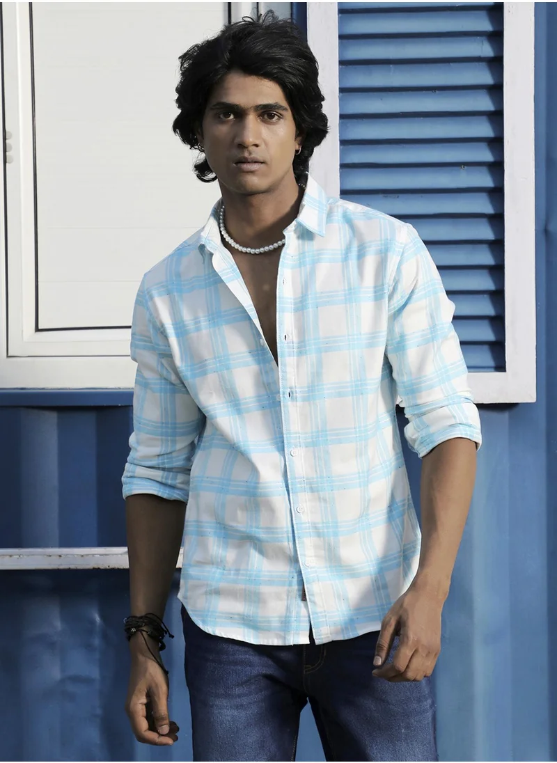Campus Sutra Men's White & Light Blue Tartan Plaid Shirt