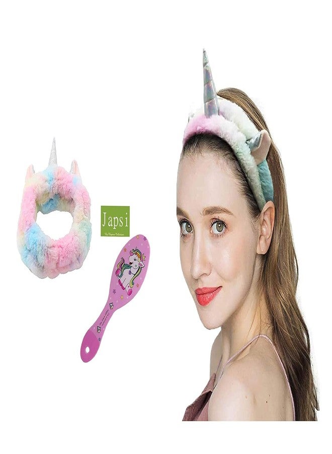 JAPSI طقم ربطة شعر وفرشاة شعر بتصميم يونيكورن من جابسي، ربطة رأس من الفرو الناعم للبنات مع فرشاة متناسقة، باللونين الوردي والأزرق - Image 3