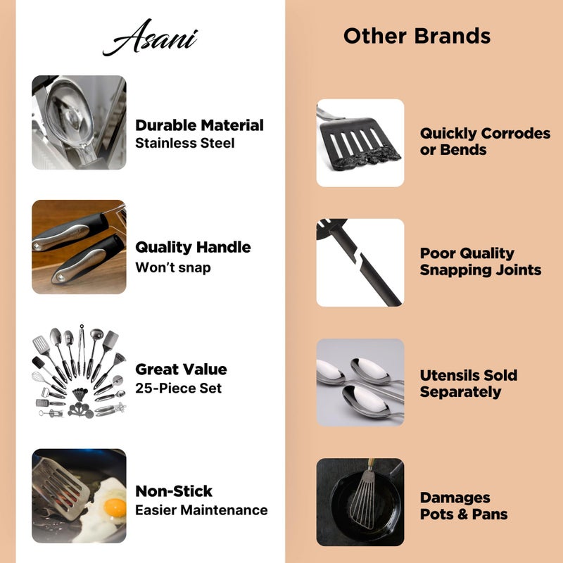 Asani 25-Piece Stainless Steel Kitchen Utensil Set | Non-Stick Cooking Gadgets and Tools Kit | Durable Dishwasher-Safe Cookware Set | Kitchenware Gift Idea, Best New Apartment Essentials - Image 3