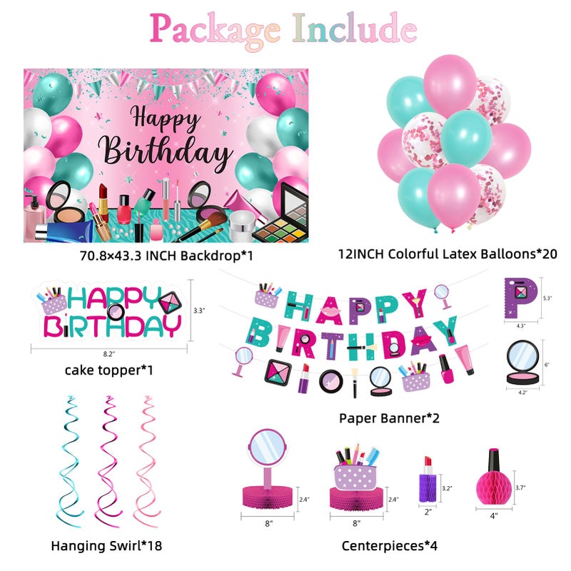 Roetyce Makeup Birthday Party Decorations - 46PCS Kit, Pink Spa Themed Birthday Supplies With Banner, Balloons, Cake Topper - Image 2
