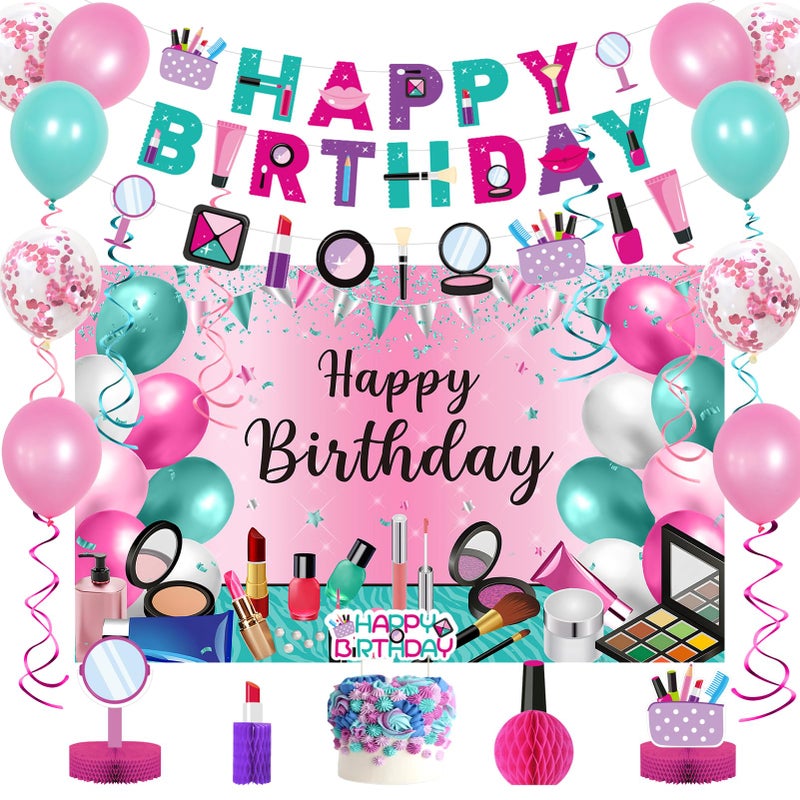 Roetyce Makeup Birthday Party Decorations - 46PCS Kit, Pink Spa Themed Birthday Supplies With Banner, Balloons, Cake Topper - Image 1
