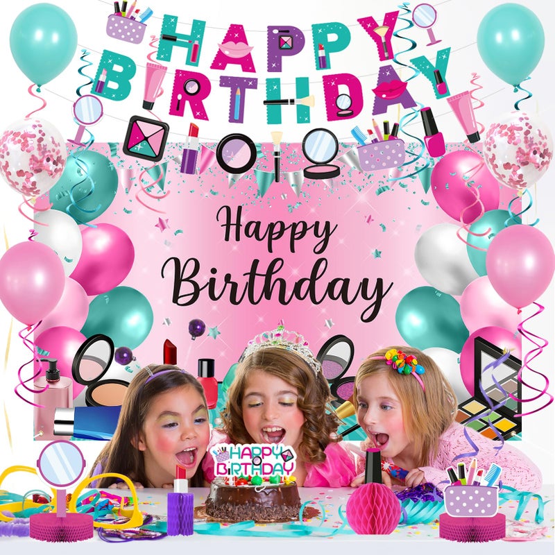Roetyce Makeup Birthday Party Decorations - 46PCS Kit, Pink Spa Themed Birthday Supplies With Banner, Balloons, Cake Topper - Image 3