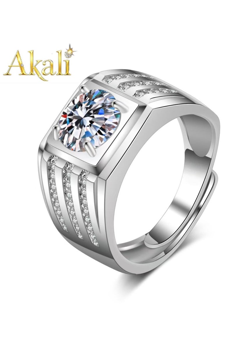 Akali 2 Carat  Moissanite Men's Wedding Ring , S925 Plated With White Gold  ,Adjustable Size , Luxury Gift Box , Ready to Gift - Image 1