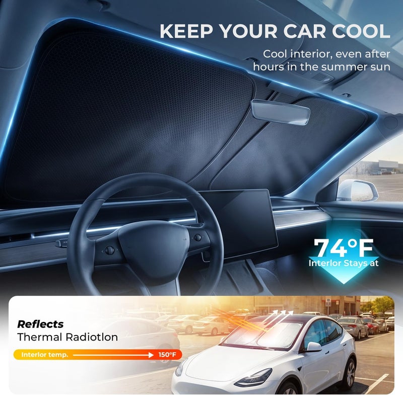 واقي شمسي للزجاج الأمامي من Doogoocoo لسيارة Tesla Model Y & 3 2017-2026، [حماية من الشمس وتبريد] واقي شمسي مخصص للشاحنة لملحقات Tesla، يحافظ على برودة السيارة ويحمي الداخلية. مقاوم للرمل والغبار - Image 3