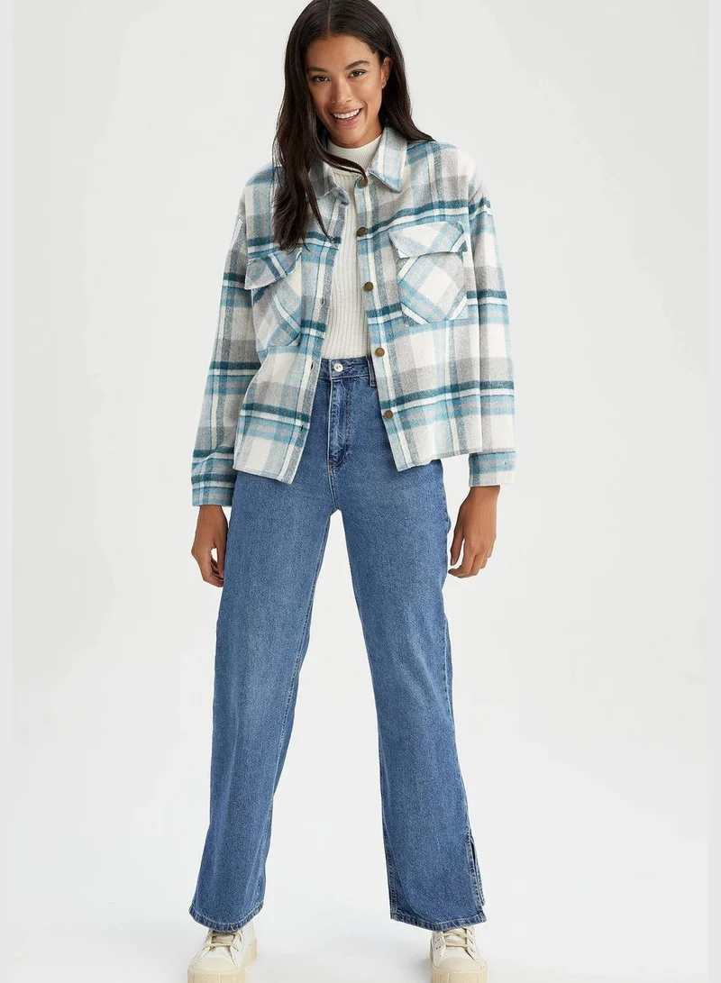 DeFacto Woman Shacket Shirt Neck Woven Long Sleeve Shirt