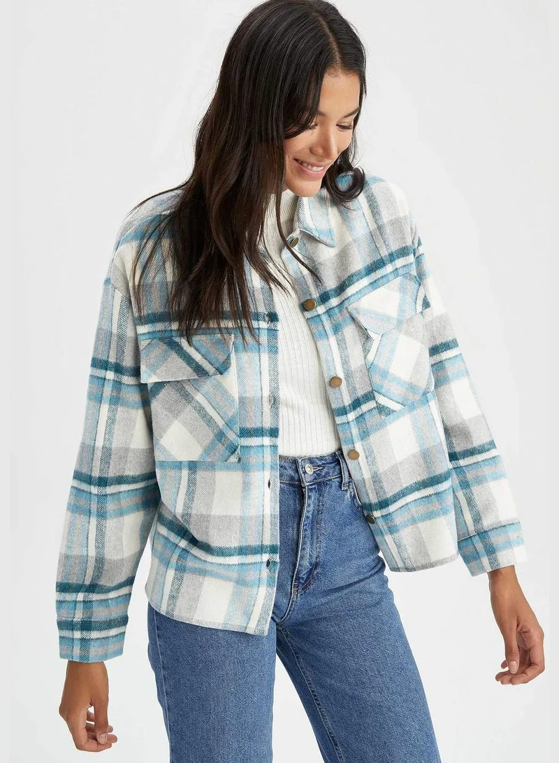 DeFacto Woman Shacket Shirt Neck Woven Long Sleeve Shirt