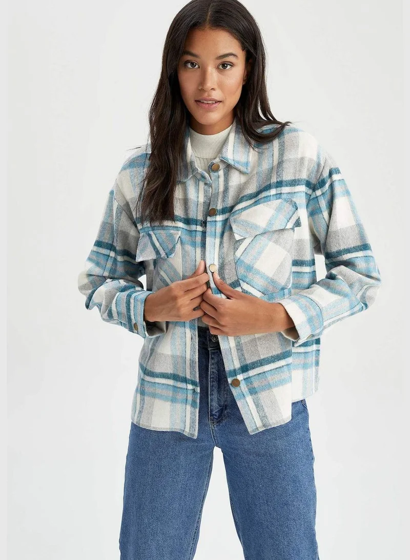 DeFacto Woman Shacket Shirt Neck Woven Long Sleeve Shirt