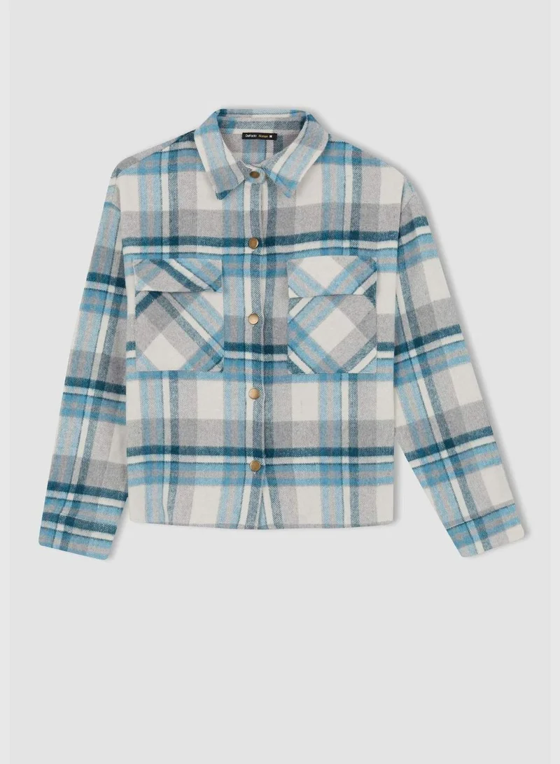 DeFacto Woman Shacket Shirt Neck Woven Long Sleeve Shirt