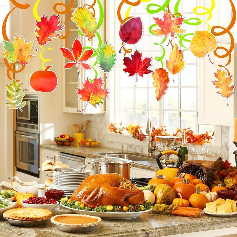 Konsait Thanksgiving Decorations 30 Pcs Fall Autumn Maple Leaves Fruit Assorted Hanging Swirls Farmhouse Harvest Streamer Ceiling Decorations for Home Outdoor Classroom Decor Supplies Party Favors - Image 3