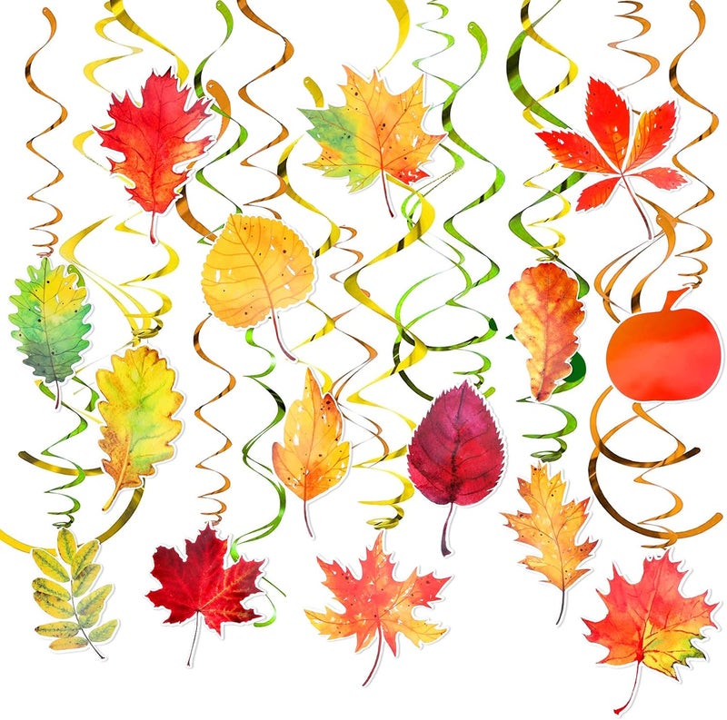 Konsait Thanksgiving Decorations 30 Pcs Fall Autumn Maple Leaves Fruit Assorted Hanging Swirls Farmhouse Harvest Streamer Ceiling Decorations for Home Outdoor Classroom Decor Supplies Party Favors - Image 1