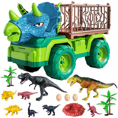 TEMI Dinosaur Truck Toy for Kids 35 Years Triceratops Transport Car Carrier with 8 Dino Figures Activity Play Mat Dino Eggs and Trees Capture Jurassic Dinosaurs Play Set for Boys and Girls - Image 1