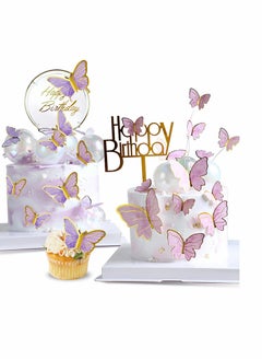 KASTWAVE Party Decor, 22-Pieces Purple & Pink Butterfly Cake Decorations with Happy Birthday Acrylic Cake Toppers for Baby Shower Wedding Birthday Party Decor (Pink&Purple)  - Image 1