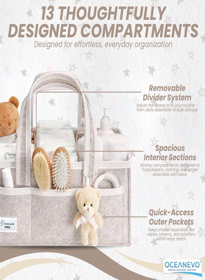 OCEANEVO Cute Felt Diaper Caddy Organiser Bag WITH Luggage Tag AND Bear Charm, Baby Basket for New Born Baby Essential Products with Compartments and Handle - 41 x 25 x 18 Cm - Beige - 1 Year Warranty - Image 3