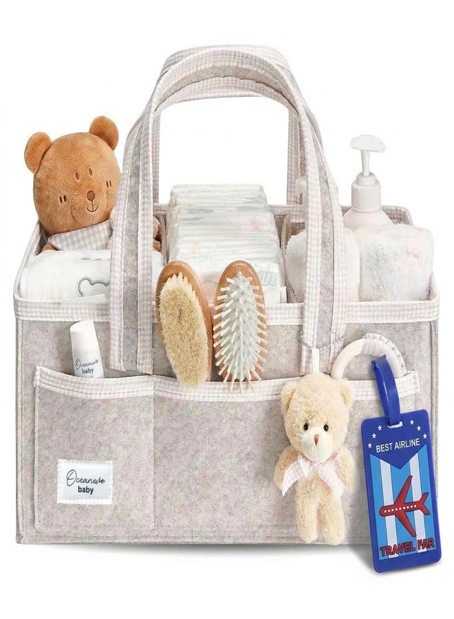 OCEANEVO Cute Felt Diaper Caddy Organiser Bag WITH Luggage Tag AND Bear Charm, Baby Basket for New Born Baby Essential Products with Compartments and Handle - 41 x 25 x 18 Cm - Beige - 1 Year Warranty - Image 1