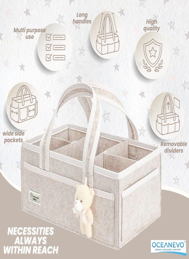 OCEANEVO Cute Felt Diaper Caddy Organiser Bag WITH Luggage Tag AND Bear Charm, Baby Basket for New Born Baby Essential Products with Compartments and Handle - 41 x 25 x 18 Cm - Beige - 1 Year Warranty - Image 4