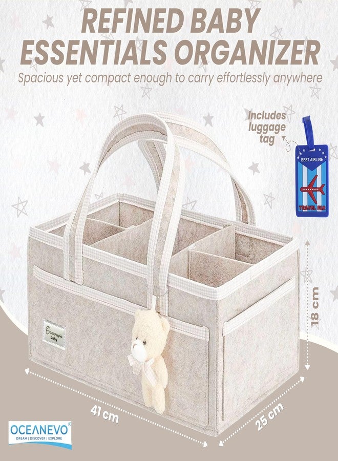 OCEANEVO Cute Felt Diaper Caddy Organiser Bag WITH Luggage Tag AND Bear Charm, Baby Basket for New Born Baby Essential Products with Compartments and Handle - 41 x 25 x 18 Cm - Beige - 1 Year Warranty - Image 2