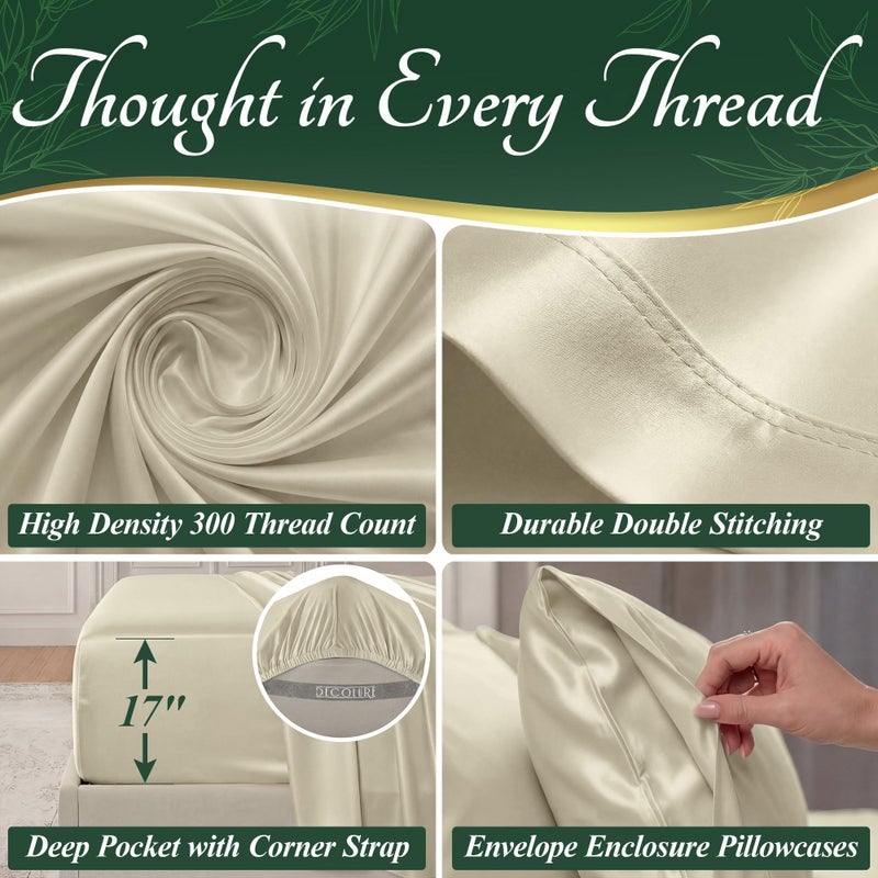DECOLURE 100% Viscose Derived from Bamboo Sheets Queen Size - Luxury 6 Pc Naturally Cooling Sheets, Ultra Soft Bed Set - Deep 17" Pockets, Durable Double Stitching, Oeko Tex Standard (Creme) - Image 4