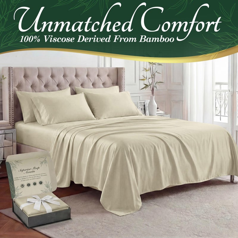 DECOLURE 100% Viscose Derived from Bamboo Sheets Queen Size - Luxury 6 Pc Naturally Cooling Sheets, Ultra Soft Bed Set - Deep 17" Pockets, Durable Double Stitching, Oeko Tex Standard (Creme) - Image 2