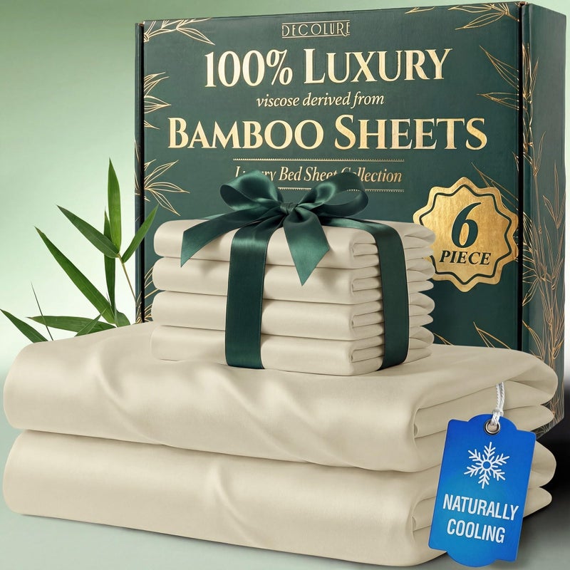 DECOLURE 100% Viscose Derived from Bamboo Sheets Queen Size - Luxury 6 Pc Naturally Cooling Sheets, Ultra Soft Bed Set - Deep 17" Pockets, Durable Double Stitching, Oeko Tex Standard (Creme) - Image 1