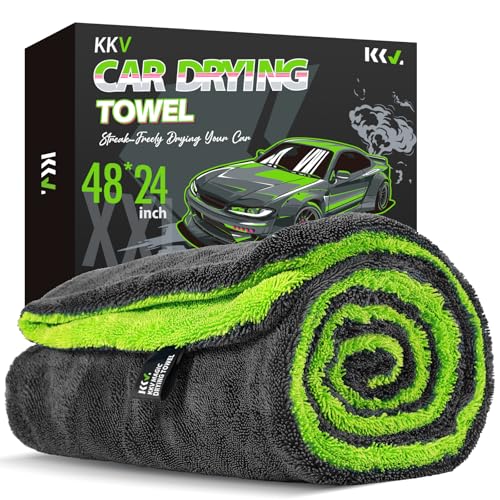 KKV Full-Sized SUV Drying Towel, 48”x24” Dual Sided Microfiber Car Cleaning Towel with Twisting Yarn Technique, 1400GSM Super Absorbent, Scratch-Free, Machine Washable (Darkgray-GreenYellow) - Image 1