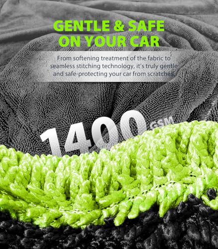 KKV Full-Sized SUV Drying Towel, 48”x24” Dual Sided Microfiber Car Cleaning Towel with Twisting Yarn Technique, 1400GSM Super Absorbent, Scratch-Free, Machine Washable (Darkgray-GreenYellow) - Image 4