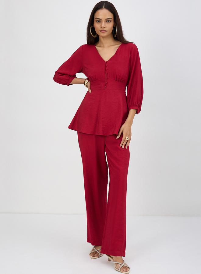 Femmella Women Cranberry Corset Detail Top with Trousers Co-Ords - Image 1