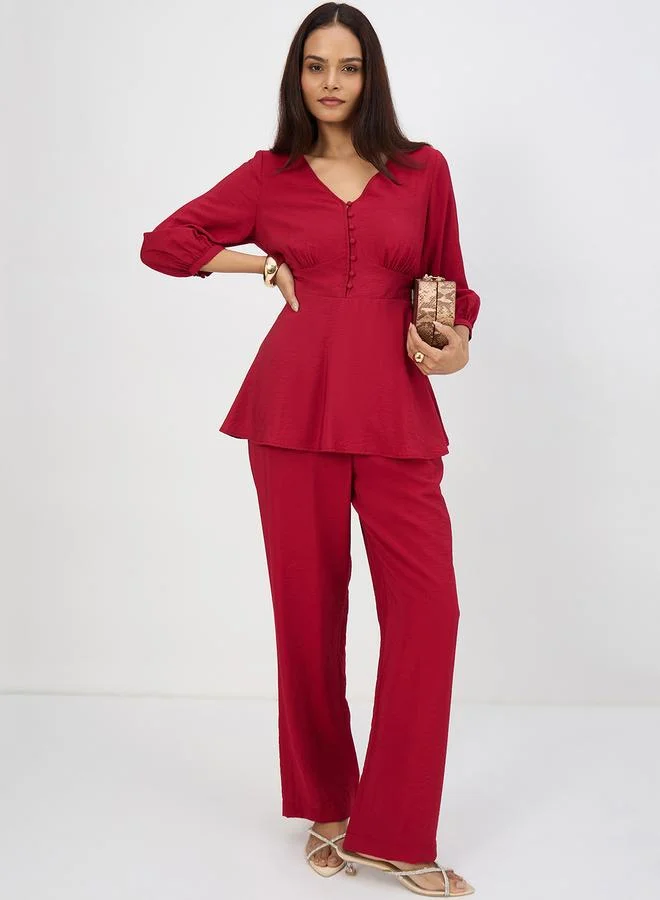 Femmella  Women Cranberry Corset Detail Top with Trousers Co-Ords for Women | Best Price UAE