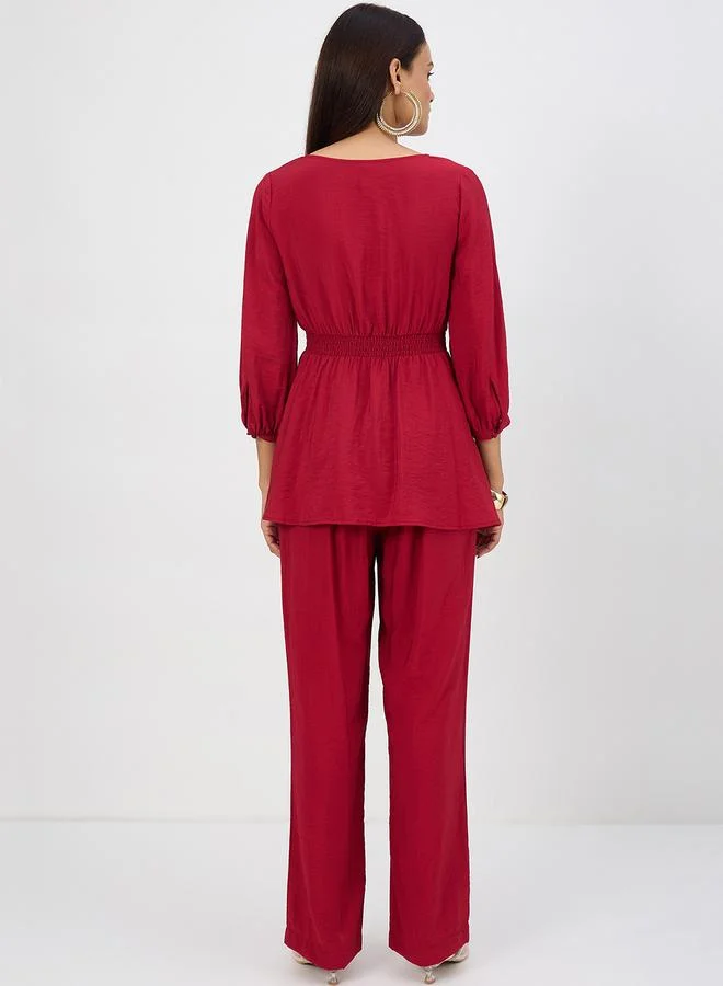 Femmella Women Cranberry Corset Detail Top with Trousers Co-Ords