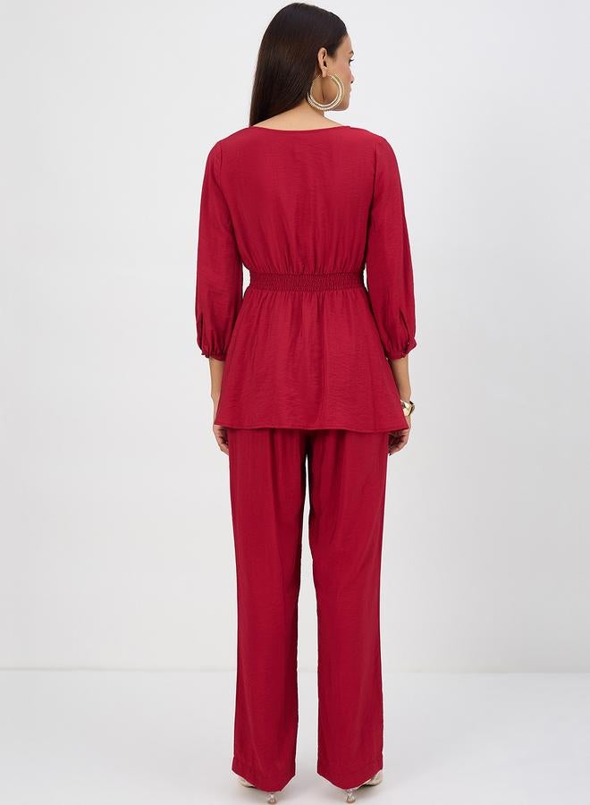 Femmella Women Cranberry Corset Detail Top with Trousers Co-Ords - Image 2