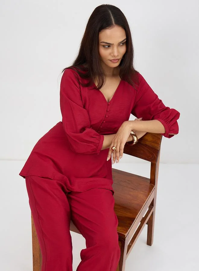 Femmella  Women Cranberry Corset Detail Top with Trousers Co-Ords for Women | Best Price UAE