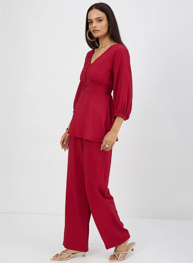 Femmella  Women Cranberry Corset Detail Top with Trousers Co-Ords for Women | Best Price UAE