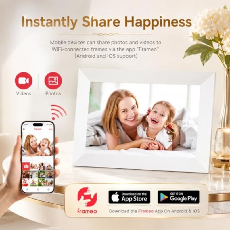 إطار صورة رقمي Frameo WiFi بذاكرة 32 جيجابايت 10.1 بوصة، 1280 × 800 HD IPS شاشة تعمل باللمس إطار صورة إلكتروني، إعداد سهل، مشاركة الصور أو مقاطع الفيديو في أي مكان عبر تطبيق Frameo المجاني - Image 2