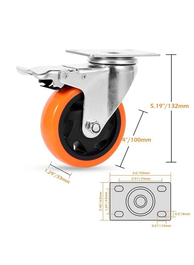 Krupalu Carbon Steel Swivel Caster Wheel Of 4 Pieces Of 4" Inch Trolley Wheel with powerful Bearing Strong Weight Handling Capacity, 4Pc(Orange Color) - Image 3