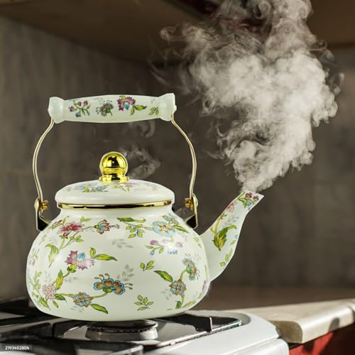 Leebright Floral Enamel Tea Kettle Bohemian Gold Beige Teapot Vintage Boho Hot Water Coffee Kettle Pot 25L Porcelain Tea Pot Retro Pot Stovetop Kitchen Home Decor - Image 3