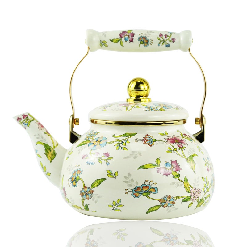 Leebright Floral Enamel Tea Kettle Bohemian Gold Beige Teapot Vintage Boho Hot Water Coffee Kettle Pot 25L Porcelain Tea Pot Retro Pot Stovetop Kitchen Home Decor - Image 2
