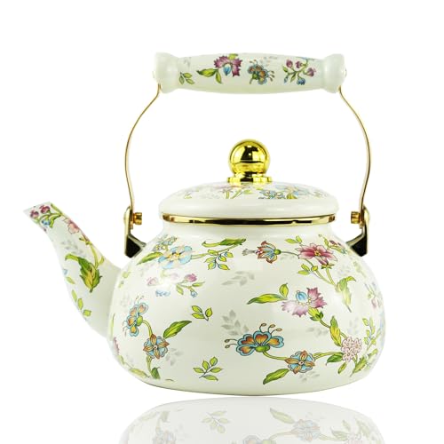 Leebright Floral Enamel Tea Kettle Bohemian Gold Beige Teapot Vintage Boho Hot Water Coffee Kettle Pot 25L Porcelain Tea Pot Retro Pot Stovetop Kitchen Home Decor - Image 1